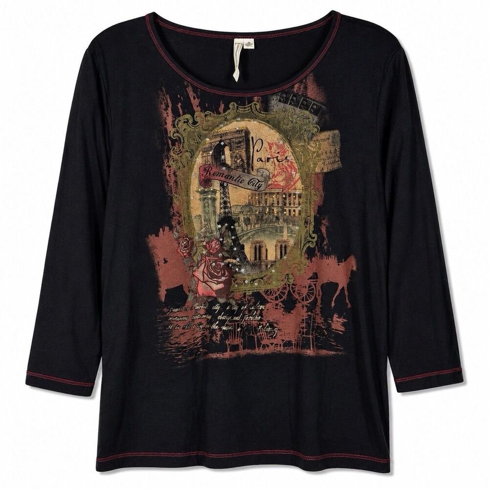Susan Lawrence Woman 3X Paris Graphic Rhinestone Top Made USA 3/4 Sleeve Vintage
